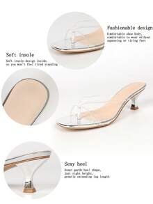 Glam Party Silver Clear PVC T‑Strap Toe‑Post Mule Heels, Square Toe Slip‑On Flared Mid‑Heel Transparent Strap Slide Sandals For Evening Occasion - Clear - View 6