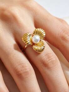 1-6Pcs Random Adjustable Stackable Rings Set, Gold Tone Flower Open Band Finger Rings For Women, Daily Party Jewelry Gift - Gold - View 1