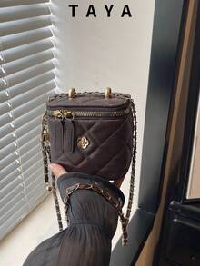Women's Quilted Square Crossbody Bag, Metal Decor Mini Makeup Bag, PU Leather Chain Shoulder Bag With Gold Ball Decoration, Suitable For Party And Date - Coffee - View 2