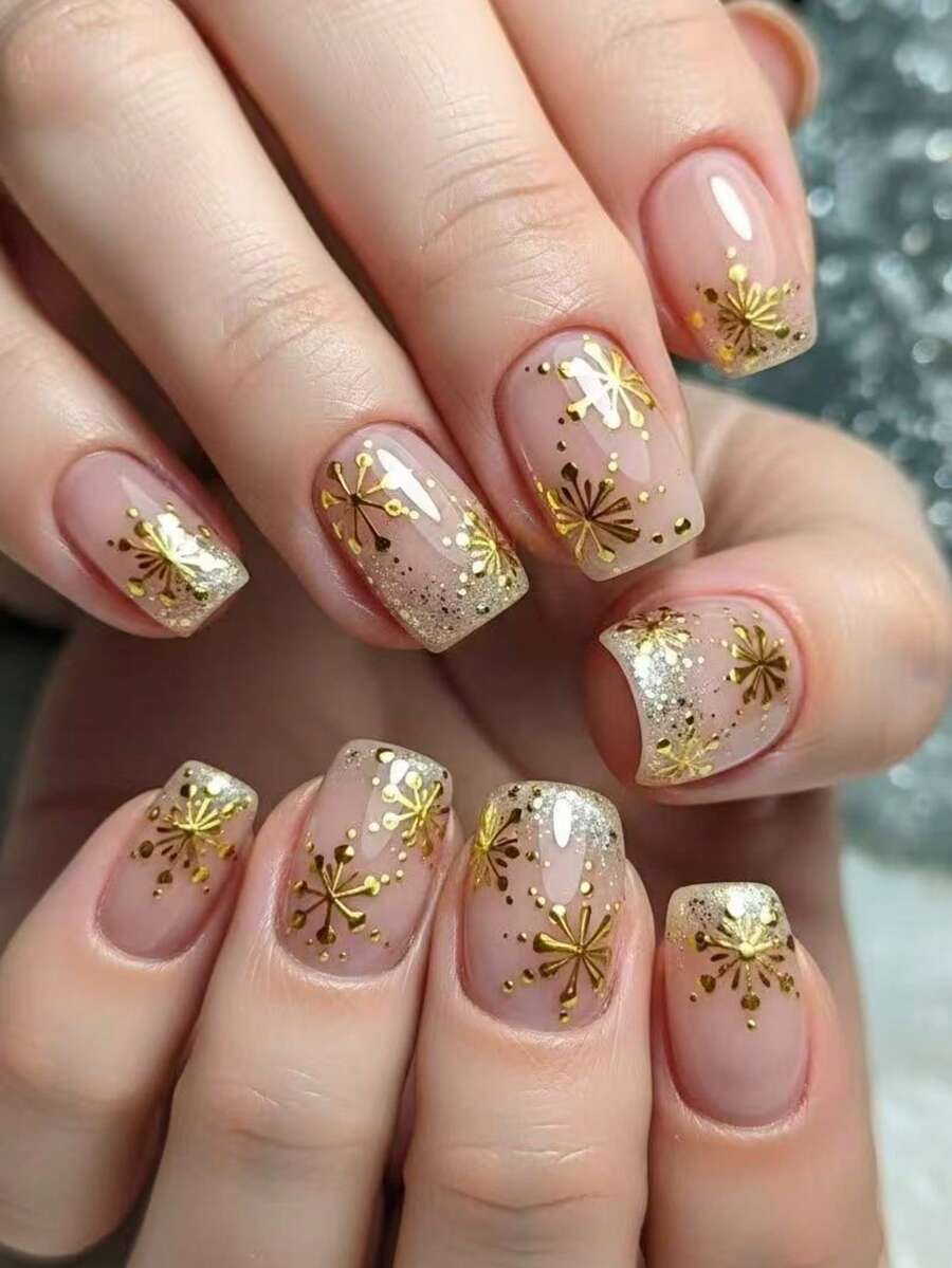 24PCS Christmas Gentle Nude Snowflake Press‑On Nails, Clear Nude Base With Golden Snowflake Print On Nail Tips, Versatile False Nails For Commute & Banquet