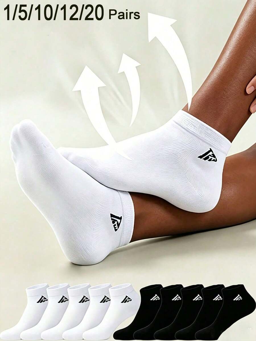 20 Pairs Unisex Couple Low-Cut Socks, Black & White Geometric Number Pattern, Spring/Summer/Autumn, Fashionable Versatile Casual Sports Socks (1/5/10/12/20 Pairs) - Black and White - View 1