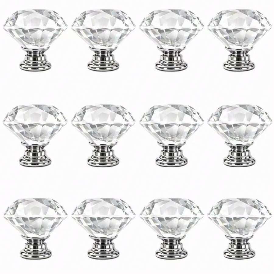 12pcs 40mm Crystal Glass Knobs, Diamond Shaped Pull Handles, Transparent Glass Drawer Handles Suitable For Wardrobe, Cabinet, Kitchen Bathroom Cabinet, Vanity, Bookshelf, Closet - Transparent - View 1
