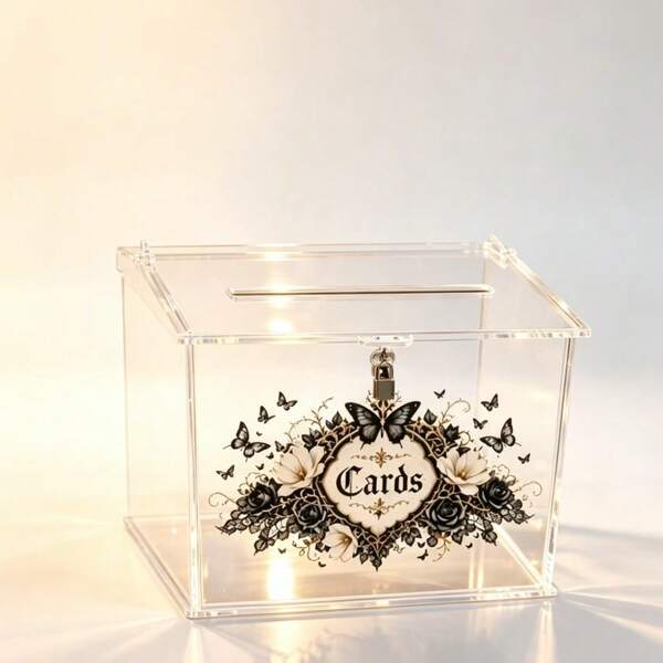 Gothic Dark Style Wedding Gift Box With Lock, Acrylic Transparent Card Storage Box, Wedding Reception Sign-In Table Greeting Card & Gift Collection Box, Party Decoration Ornament