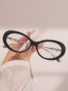 1pc European & American New Oval High-End Women's Clear Lens Metal Temple Pearl Inlaid Fashion Transparent Decorative Glasses - Clear - View 7
