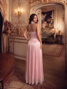 Modphy Women's New Heavy Rhinestone Halter Neck Backless White Maxi Dress, Waist-Cinching Design, Suitable For Holidays, Weddings, Parties And Formal Events - Pink - View 7