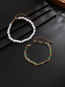 2pcs/Set French Vintage Emerald Green Square Rhinestone & Pearl Bracelet, Gold Chain Layered Hand Jewelry, Casual Daily Accessory For Back To School Season, Gift - 2pcs - View 5