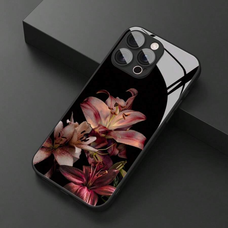 1pc Elegant Rich Lily Pattern Glass Material Phone Case, High-End And Sophisticated, Suitable For Apple Tempered Glass - Black - View 1