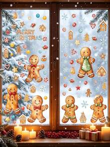 2/4pcs Christmas Gingerbread Man Window Decals, Removable Christmas Wall Stickers, Snowflake Candy House Stickers, "Merry Christmas" Window Decor, Suitable For Home Glass Doors, Holiday Parties, Reusable, Fit For Bedroom And Store Windows. - Multi-color - View 2