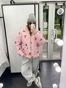 Women's Bear Pattern Plaid Quilted Down Jacket, Casual Zipper Stand Collar Long Sleeve Loose Fit Winter Coat - Pink - View 3