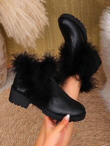 Women's New Autumn/Winter Fur Trim Ankle Boots, Round Toe, Chunky Heel, Thick Sole, Leather, Daily Versatile Warm Ankle Boots - Black - View 2