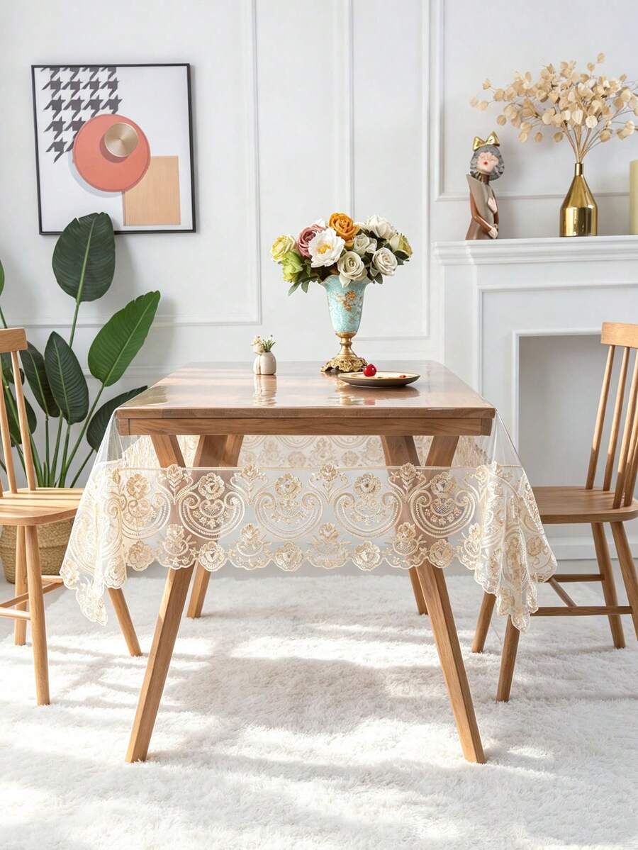 1pc Rectangular Transparent PVC Tablecloth, Floral Embroidery Lace Trim, Waterproof Oil-Proof Easy To Clean Table Cover, Suitable For Dining Table, Home And Kitchen Decor - milk coffee color - View 1