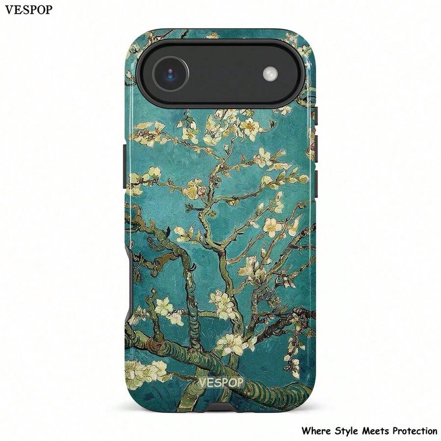 VESPOP 1 buah Casing Ponsel Keras 2-in-1 Bermotif Bunga Romantis Musim Semi, Kompatibel dengan /Kompatibel dengan iPhone 11/12/13/14/15/16/17 Pro Max, Casing Ponsel Pasangan Hadiah - Biru Cyan Retro - View 1