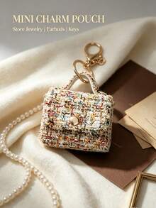 1pc Cute Tweed Mini Jewelry Storage Bag, Portable Earphone Bag Keychain Pendant, Mini Travel Ring Box Travel Jewelry Box Cosmetic Storage Box, Women's Earring/Ring/Necklace/Bracelet Storage Box, Mini Wallet - Tweed Mini Bag - View 7