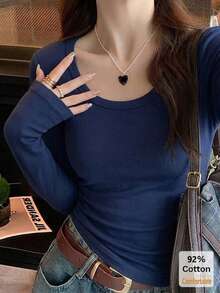 女款秋季純棉長袖T恤，百搭深海軍藍深U領上衣，修身純色內搭底衫 - 藏青色 - 查看 2