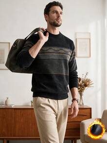 Men's Blue Striped Chenille Knitted Sweater, Thermal Lined, Thick For Winter - Black - View 3