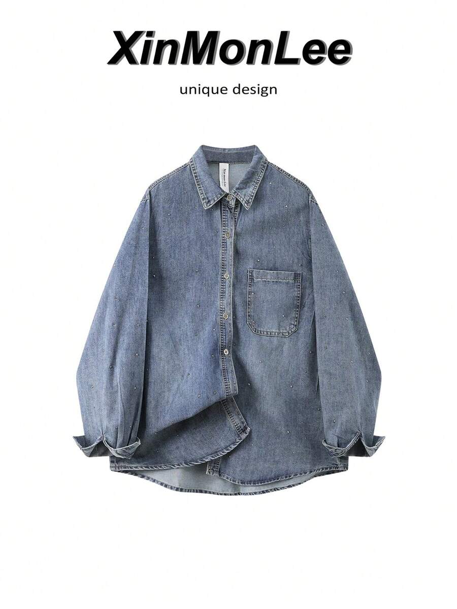 Early Spring New Vintage Rhinestone Denim Jacket Women's Loose Fit Collar Jacket Sun Protection Shirt Vacation Casual Travel Daily Elegant - Dark Wash - View 1