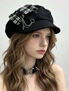 1pc Halloween Subculture Punk Cross Dark Plaid Cloud Soft Brim Y2K Beret - Multicolor - View 5