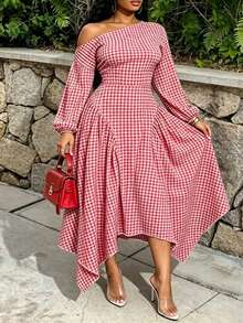 Plus Size Plaid Asymmetrical Collar Dress Elegant - Multicolor - View 5
