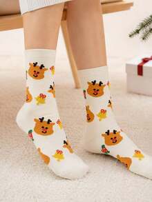 1/3/5 Pairs Unisex Random Snowman, Deer, Christmas Tree Pattern Fashion Mid-Calf Socks, Soft Comfortable Breathable, Suitable For All Seasons Casual Sports Christmas Socks, Perfect For Daily Wear, Holiday Parties And Travel (Random Style Delivery) - Multicolor - View 5