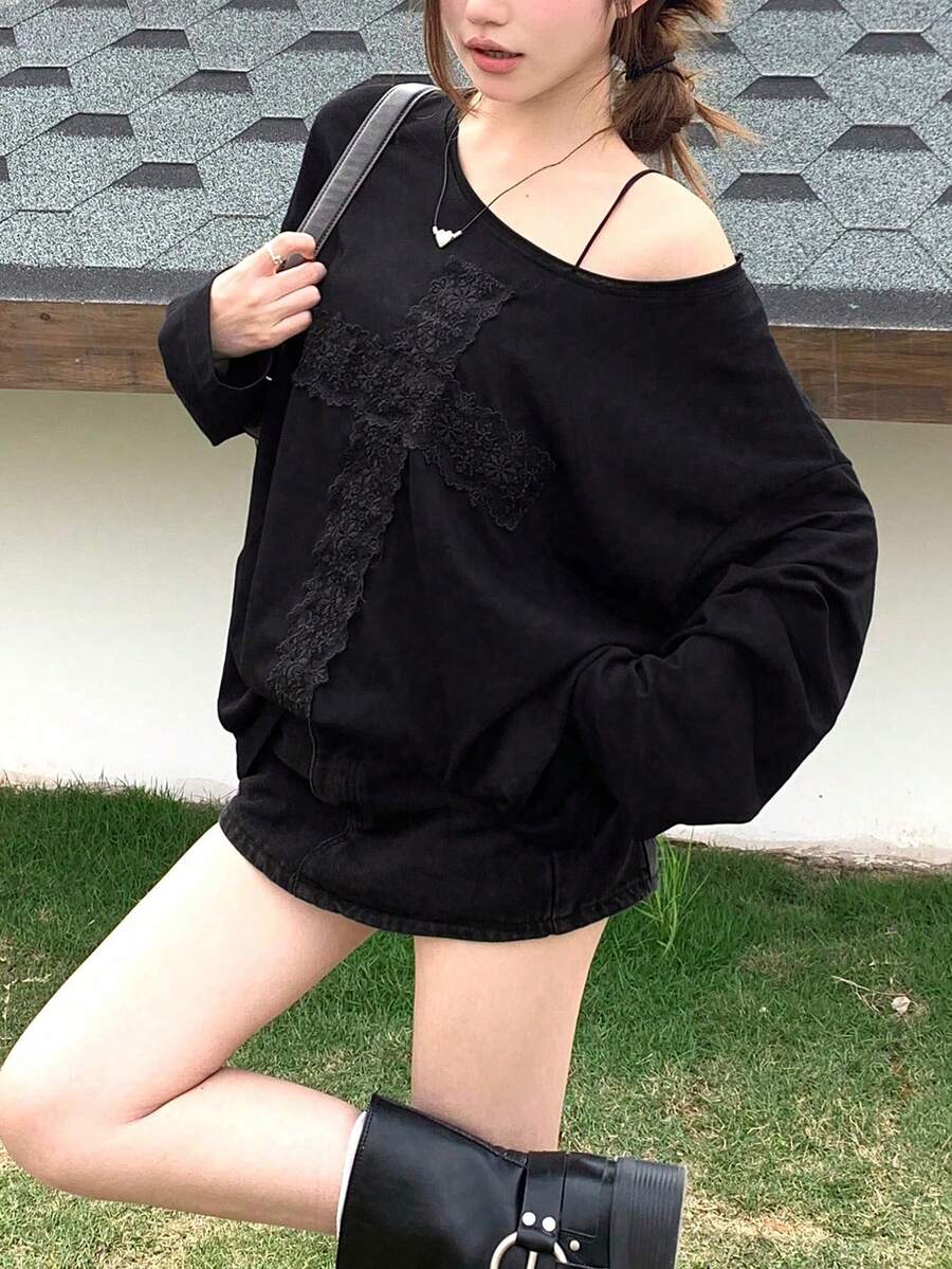 女士宽松蕾丝长袖T恤，修身打底衫，休闲黑色春季款 - 黑色 - 查看 1