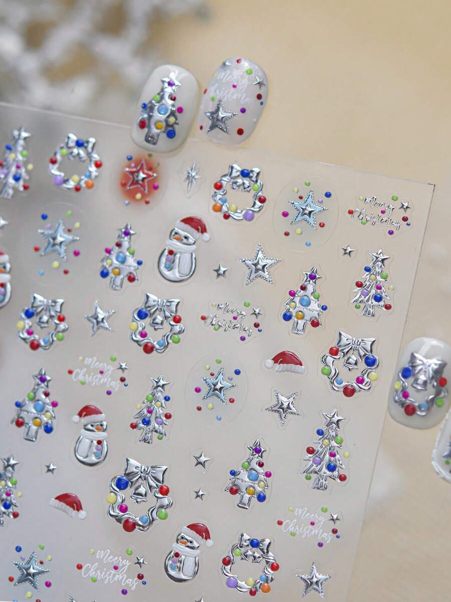 1張5D金屬銀色聖誕美甲貼紙，自黏式彩色樹、花環、雪人、星星、Merry Christmas美甲貼花，冬季聖誕DIY美甲美甲藝術裝飾