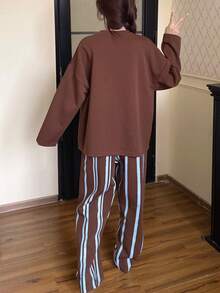 2pcs Women's Pajamas Loungewear Set, Round Neck Couple Style Pullover Cute Goose Print Long Sleeve Pants, Comfortable For Home Wear - Brown - View 3
