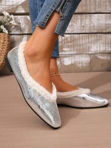rlyza Women's Thermal Lined Square Toe Low Vamp Retro Fuzzy Trim Flats, Comfortable Warm Commuter Slip-On Fur Shoes - Silver - View 5