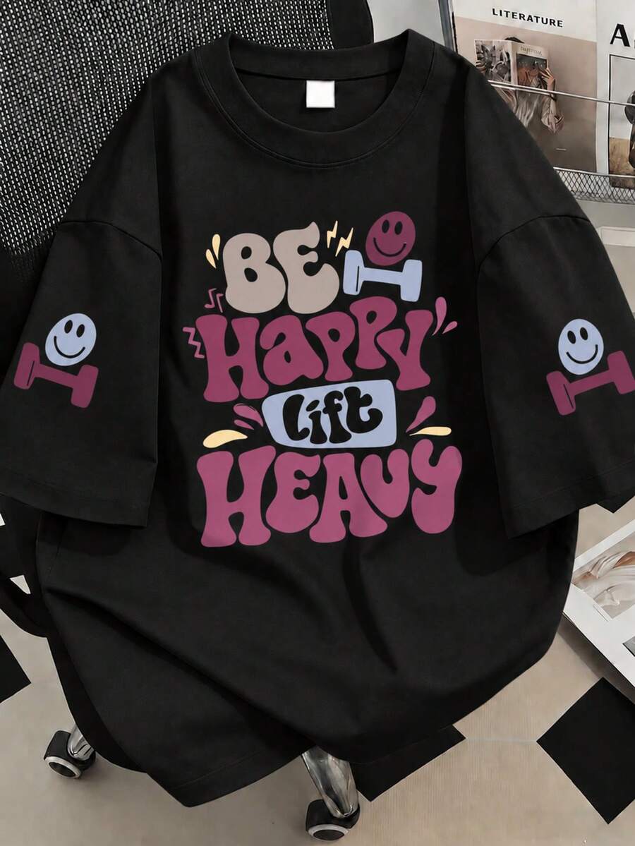 Plus Size Women's Slogan Print Crew Neck Short Sleeve T-Shirt... Black Casual Summer - Black - View 1