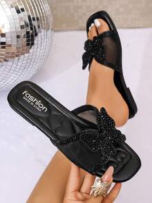 1 Pair Women's Plus Size Black Mesh Rhinestone Bow Flat Sandals Elegant Fairy Style Fashionable Comfortable Versatile Outdoor Wear Slippers - Black - View 3