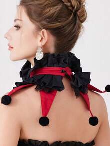 Women's Fashion Detachable Fake Collar, Decorative Accessory, Black & Red Contrast Ruffle Lace Pom Pom Clown Pointed Fake Collar, Suitable For Evening Gown, Dress, Party Outfit, Halloween Carnival, Cosplay, Theme Party, Stage Performance - Color as Shown In Picture - View 6