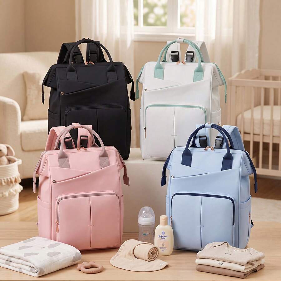 1pc Solid Color Decorative Nylon Diaper Bag With Bottle Pocket, Wide Shoulder Strap, Large Capacity, Back Luggage Strap, Suitable For Moms' Daily Baby Care