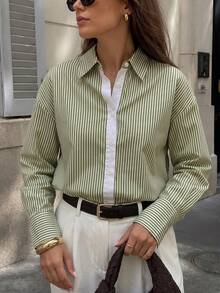 1pc Women's Fresh Classic Vertical Striped Collared Shirt, Contrast Placket Loose Drop Shoulder Long Sleeve Casual Commuter Versatile Blouse, Suitable For Daily Light Commute Work, Layered Autumn Outfit - Multicolor - View 9