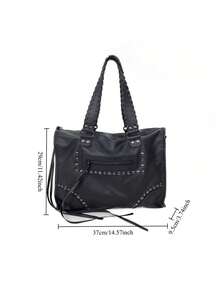 Tas Bahu dengan Dekorasi Paku Keling Logam pada Permukaan Tas, Pegangan Anyaman dengan Tali Rumbai untuk Gaya Keren, Dilengkapi Pegangan dan Tali Bahu Panjang yang Dapat Dilepas, Bisa Diganti Antara Mode Jinjing, Bahu, dan Selempang, Saku Depan Beritsleting untuk Penyimpanan Barang Kecil yang Praktis, Interior Luas, Cocok untuk Jalan-jalan di Kota, Belanja Harian, Membentuk Penampilan Personal - Hitam - View 7