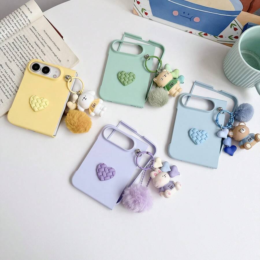 keshengtai Candy Color Heart Phone Case With Cartoon Pendant, Hard PC Back Plate Protective Phone Cover, Compatible With IPhone Duo