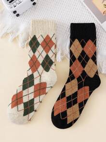 1/2 Pairs Women's Mid-Crew Socks - Retro Preppy Argyle Pattern - Thermal Terry-Lined For Winter - Multicolor - View 4