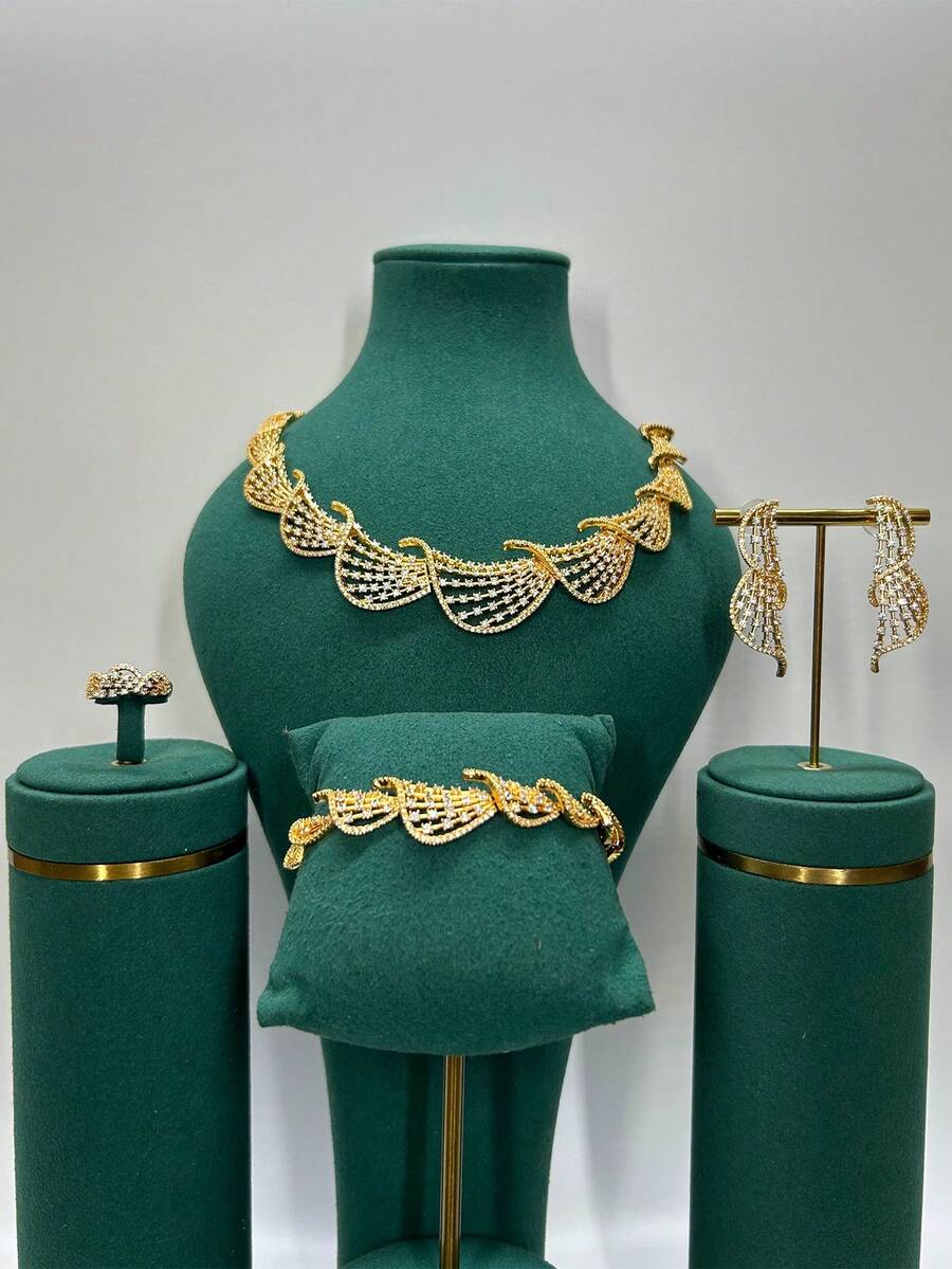 Gold Silver 2‑Tone Wave Hollow Zirconia Bridal 4Pcs Jewelry Set, Necklace Bracelet Earrings Ring Luxury Dubai Wedding Party Jewellery For Women