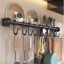 Wall-Mounted Kitchen Hanging Rack With Removable Hooks, Heavy Duty Black Metal Straight Bar Storage Rack, Suitable For Pots, Pans, Kitchen Utensils, Towels, Drill-Free Space-Saving Hanging Kitchen Storage Rack, Suitable For Home Apartment Kitchen Storage - Black - View 4