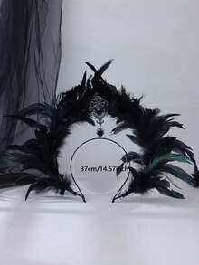1pc Gothic Black Feather Halo Crown Headband Dark Angel Rhinestone Pendant Floral Wreath Halloween Cosplay Party Hair Accessory - Black - View 8