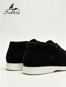 Salkin Fashion Designer Men's Moccasin Solid Color Soft Suede Lace-Up Loafers For Men Ankle Boots Affordable Luxury For Modern Living Ankle Boots Gentleman Business Social Shoes Men's High-Top Boots Daily Office Party Men's Wedding Shoes Couple Dating Romantic Dinner Holiday Gift Back To School Student Casual Shoes Collegiate Style, Please Select Size Up One - Black - View 5