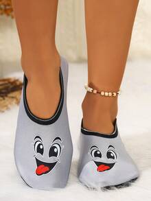 Women's Elastic Breathable Cartoon Smiling Face Indoor Slippers, Lightweight And Compact For Travel, All-Season Home, Outdoor Beach And Pool Shoes - Grey - View 6
