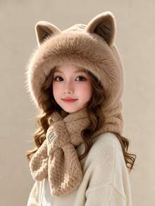 Winter Cute Thick Plush Bear Hat Mask Scarf All-In-One Riding Hood For Women - Multicolor - View 2