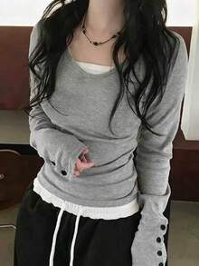 Button V-Neck Fitted Long Sleeve T-Shirt With Cinched Waist And Cold Shoulder Design, Versatile Top - Light Grey - View 5