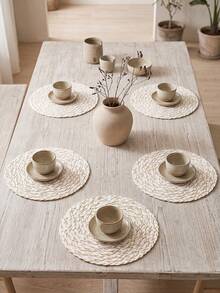 1/2/4/6/12pcs Cream White With Gold Line Accents Placemats, Elegant Style, Linen Material, Round Wavy Edge And Gold Embroidery Detail, Stain-Resistant Tabletop Protection And Decorative Function, Suitable For Daily Breakfast And Exquisite Table Setting - White - View 9