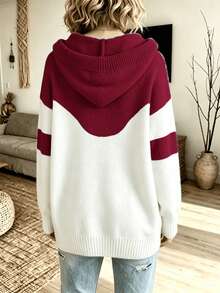 Plus Size Colorblock Drawstring Hooded Knit Sweatshirt, Long Sleeve Pullover Sweatshirt With Pockets, Casual Warm Top For Autumn, Winter And Spring - Red - View 3