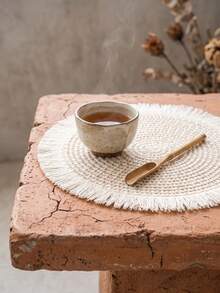 1/2/4/6/12pcs Beige Tassel Woven Placemats, Natural Rustic Style, Cotton Rope Material, Round Tassel Edge And Woven Texture Details, Heat-Resistant And Anti-Slip, Tabletop Protection And Decorative Enhancement, Suitable For Incense Ceremony, Meditation And Rustic Home Decor - White - View 10