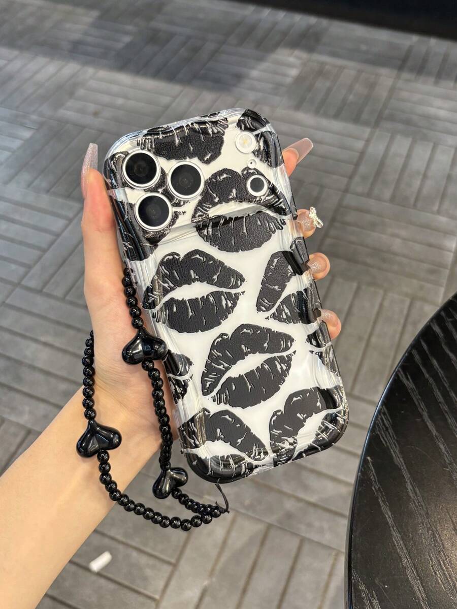 1pc Wavy Edge Transparent Phone Case, Black Lip Print Design, With Black Heart Bead Phone Lanyard, Anti-Drop Anti-Slip Scratch-Resistant, Compatible With Apple 17/17 Pro/17 Pro Max, 16/15/14/Pro/Pro Max, S26/S25, A55 5G-Apple 17 Pro Max Phone Case, Apple 13 Phone Case, S24 Ultra Phone Case - Clear - View 1