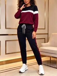 2pcs Women Fashion Set, Colorblock Round Neck Long Sleeve T-Shirt And Pants, Autumn/Winter Casual Spring Elegant - Burgundy - View 5
