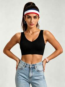 2 Packs Women Ribbed V Neck Crop Tank Top, Sleeveless Racerback Cropped Sports Bra, Casual Basic Workout Yoga Short Vest, Black & White - Multicolor - View 4