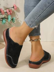 Women's Thermal Lined Closed Toe Wedge Heel Thick Sole Black Slip-On Comfortable Mule Slippers - Black - View 6