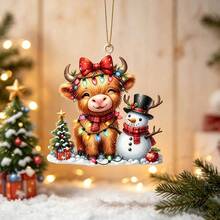 1pc Creative Cute 2D Acrylic Highland Cow Snowman Car Rearview Mirror Hanging Ornament, Christmas Tree Decoration Pendant, Keychain Charm, Christmas Small Gift - Christmas Highland Cow Ornament - View 7